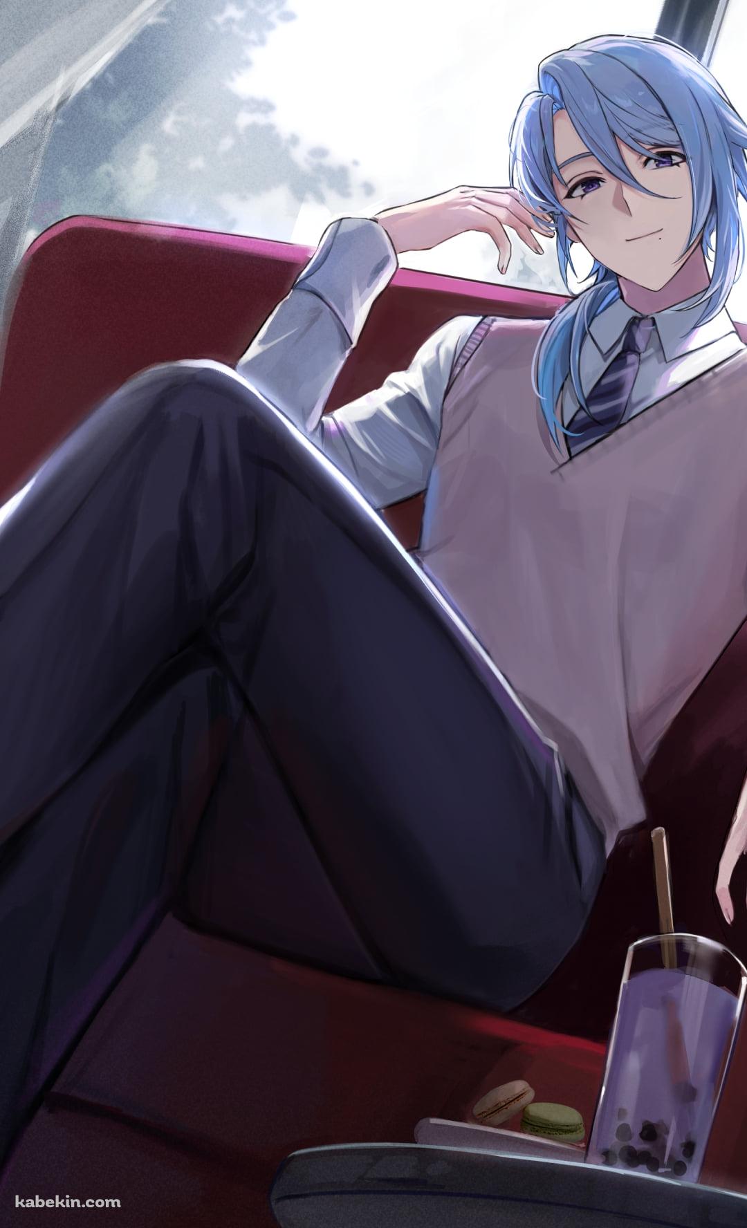 赤いソファに座ってポーズを取る神里綾人 / タピオカジュース / マカロン / 原神のAndroidの壁紙(1080px x 1776px) スマホ用
