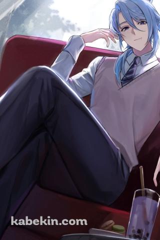 赤いソファに座ってポーズを取る神里綾人 / タピオカジュース / マカロン / 原神のAndroidの壁紙(320px x 480px) スマホ用