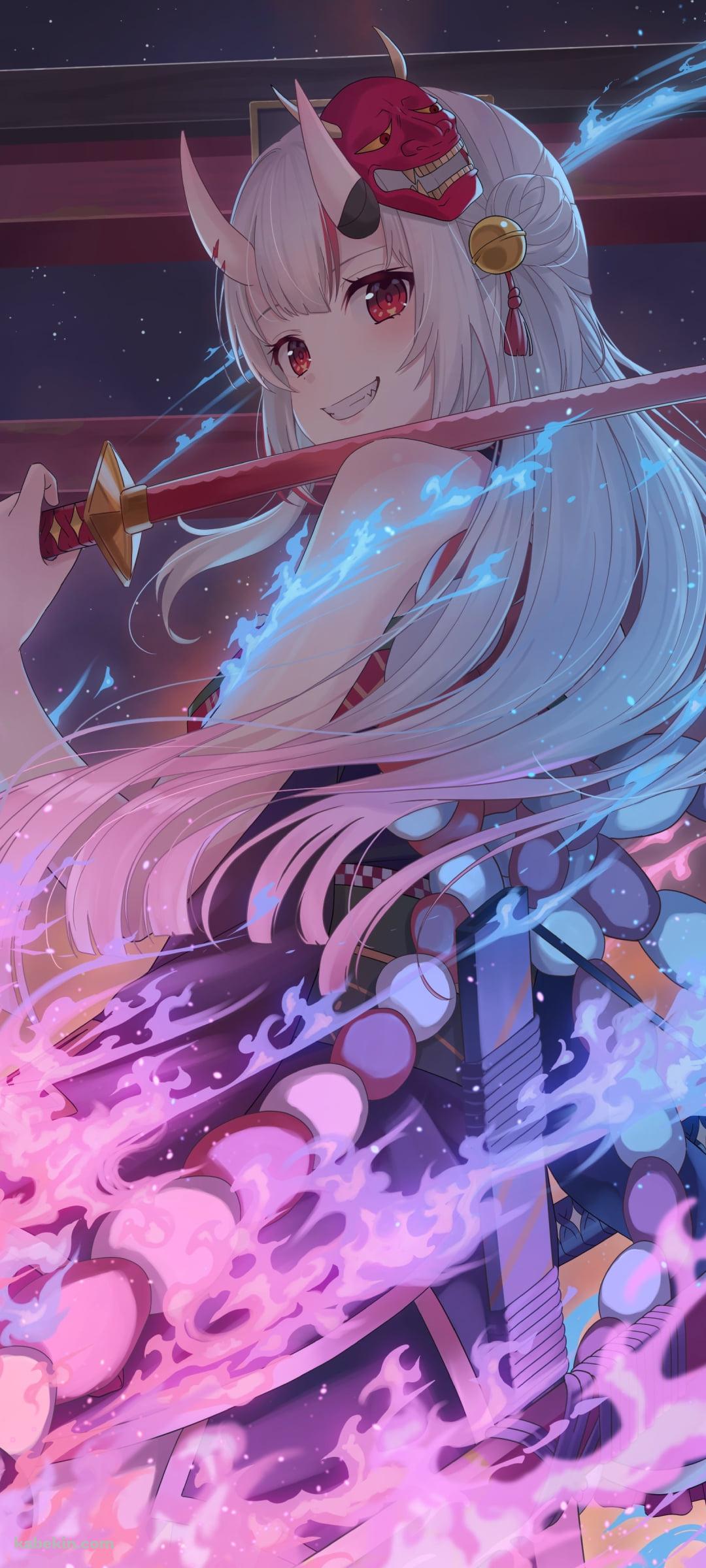 赤い刀を持ちこちらに微笑む百鬼あやめ / ホロライブ / バーチャルYouTuber / VtuberのAndroidの壁紙(1080px x 2400px) スマホ用