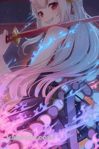 赤い刀を持ちこちらに微笑む百鬼あやめ / ホロライブ / バーチャルYouTuber / VtuberのAndroidの壁紙(320px x 480px) スマホ用