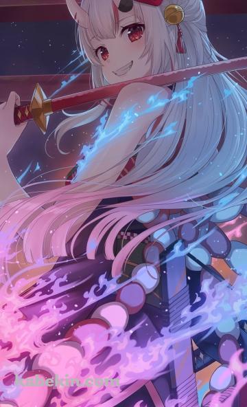 赤い刀を持ちこちらに微笑む百鬼あやめ / ホロライブ / バーチャルYouTuber / VtuberのAndroidの壁紙(360px x 592px) スマホ用
