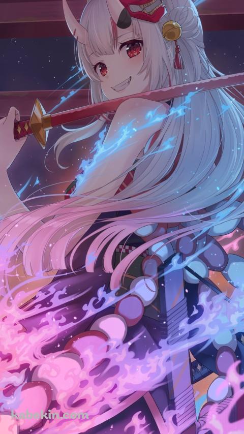 赤い刀を持ちこちらに微笑む百鬼あやめ / ホロライブ / バーチャルYouTuber / VtuberのAndroidの壁紙(480px x 854px) スマホ用