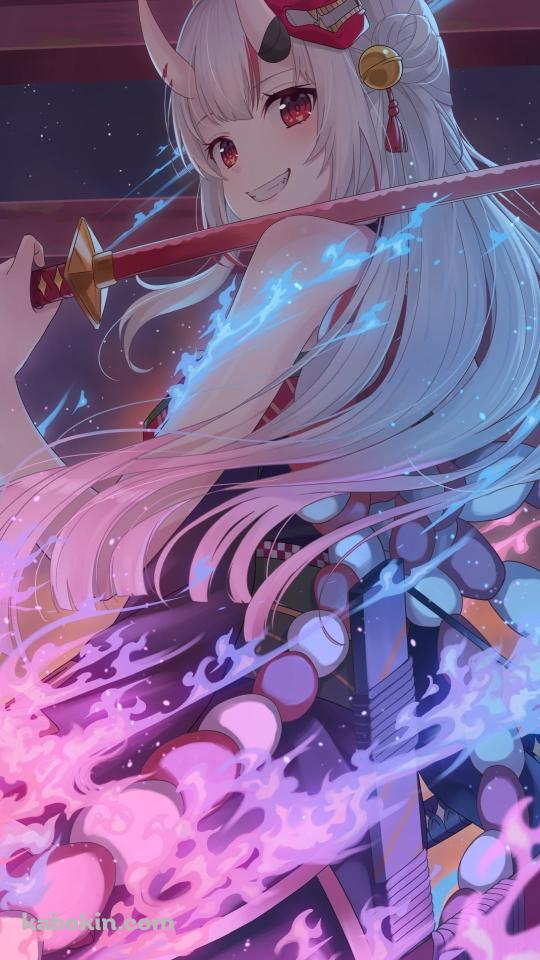 赤い刀を持ちこちらに微笑む百鬼あやめ / ホロライブ / バーチャルYouTuber / VtuberのAndroidの壁紙(540px x 960px) スマホ用