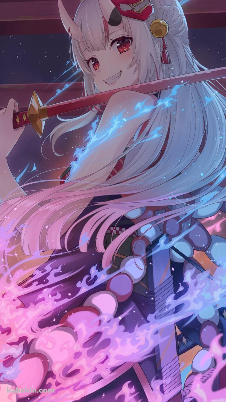 赤い刀を持ちこちらに微笑む百鬼あやめ / ホロライブ / バーチャルYouTuber / VtuberのAndroidの壁紙(720px x 1280px) スマホ用
