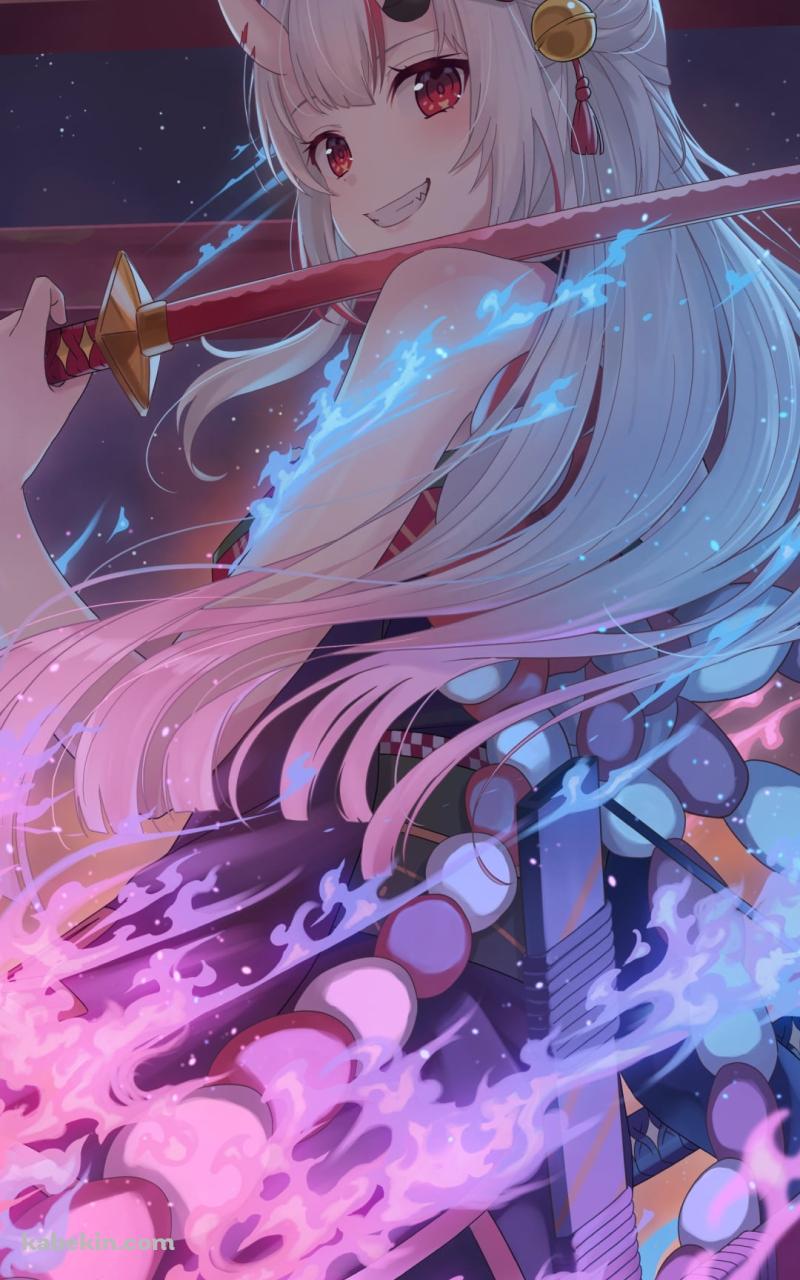 赤い刀を持ちこちらに微笑む百鬼あやめ / ホロライブ / バーチャルYouTuber / VtuberのAndroidの壁紙(800px x 1280px) スマホ用