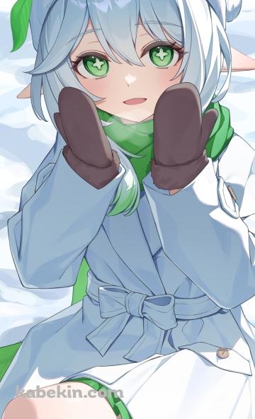 雪の上に座るナヒーダ / 手袋 / 緑のマフラー / 原神のAndroidの壁紙(360px x 592px) スマホ用