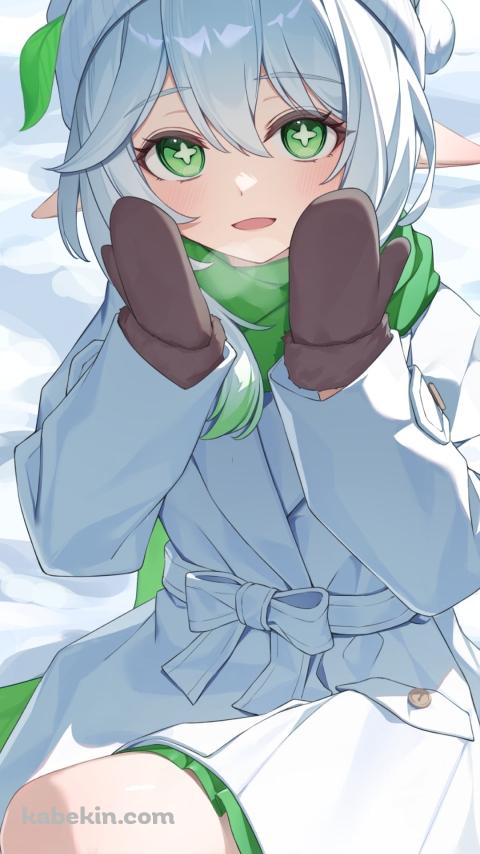 雪の上に座るナヒーダ / 手袋 / 緑のマフラー / 原神のAndroidの壁紙(480px x 854px) スマホ用