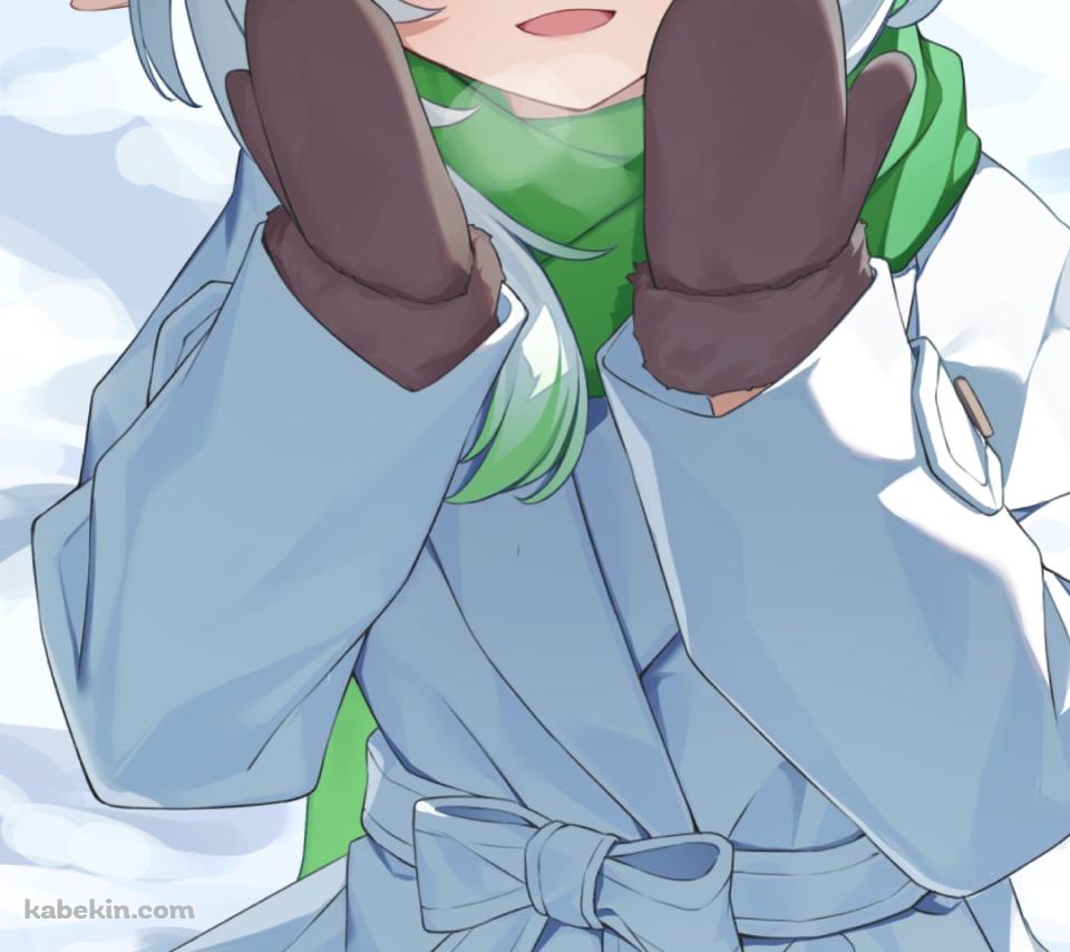 雪の上に座るナヒーダ / 手袋 / 緑のマフラー / 原神のAndroidの壁紙(960px x 854px) スマホ用
