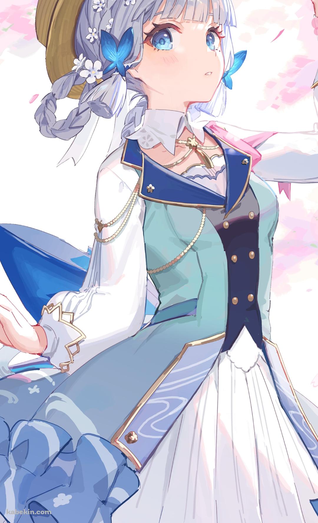 ピンクの花を摘む可愛い神里綾華 / 青い蝶の髪飾り / 原神のAndroidの壁紙(1080px x 1776px) スマホ用