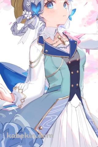 ピンクの花を摘む可愛い神里綾華 / 青い蝶の髪飾り / 原神のAndroidの壁紙(320px x 480px) スマホ用