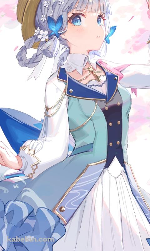 ピンクの花を摘む可愛い神里綾華 / 青い蝶の髪飾り / 原神のAndroidの壁紙(480px x 800px) スマホ用