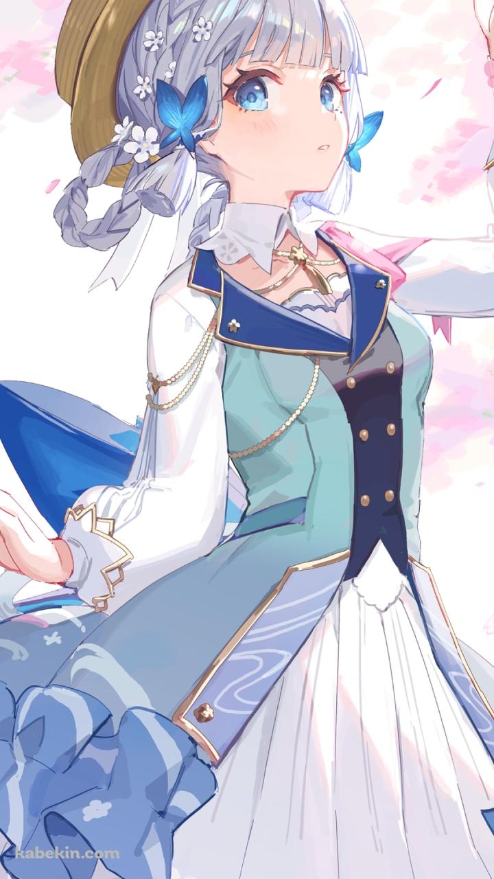 ピンクの花を摘む可愛い神里綾華 / 青い蝶の髪飾り / 原神のAndroidの壁紙(720px x 1280px) スマホ用