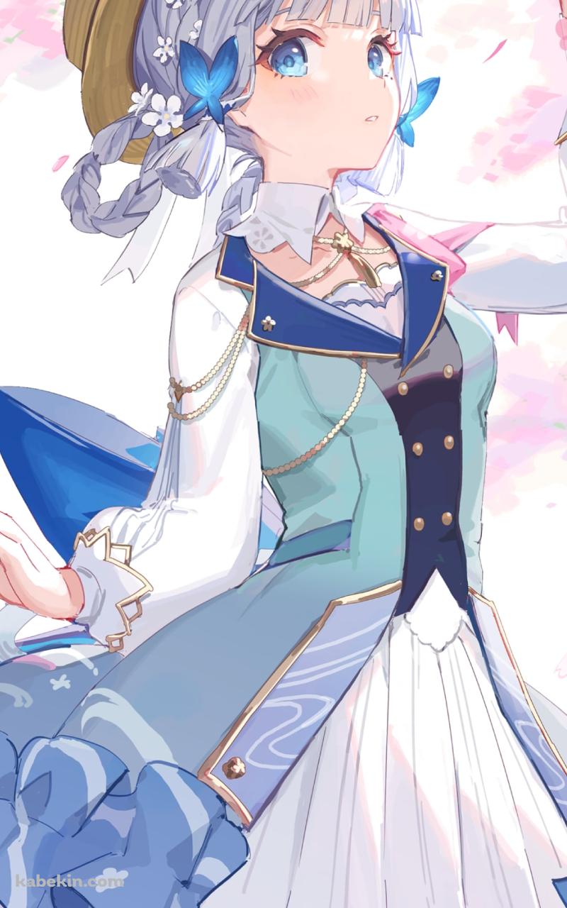 ピンクの花を摘む可愛い神里綾華 / 青い蝶の髪飾り / 原神のAndroidの壁紙(800px x 1280px) スマホ用