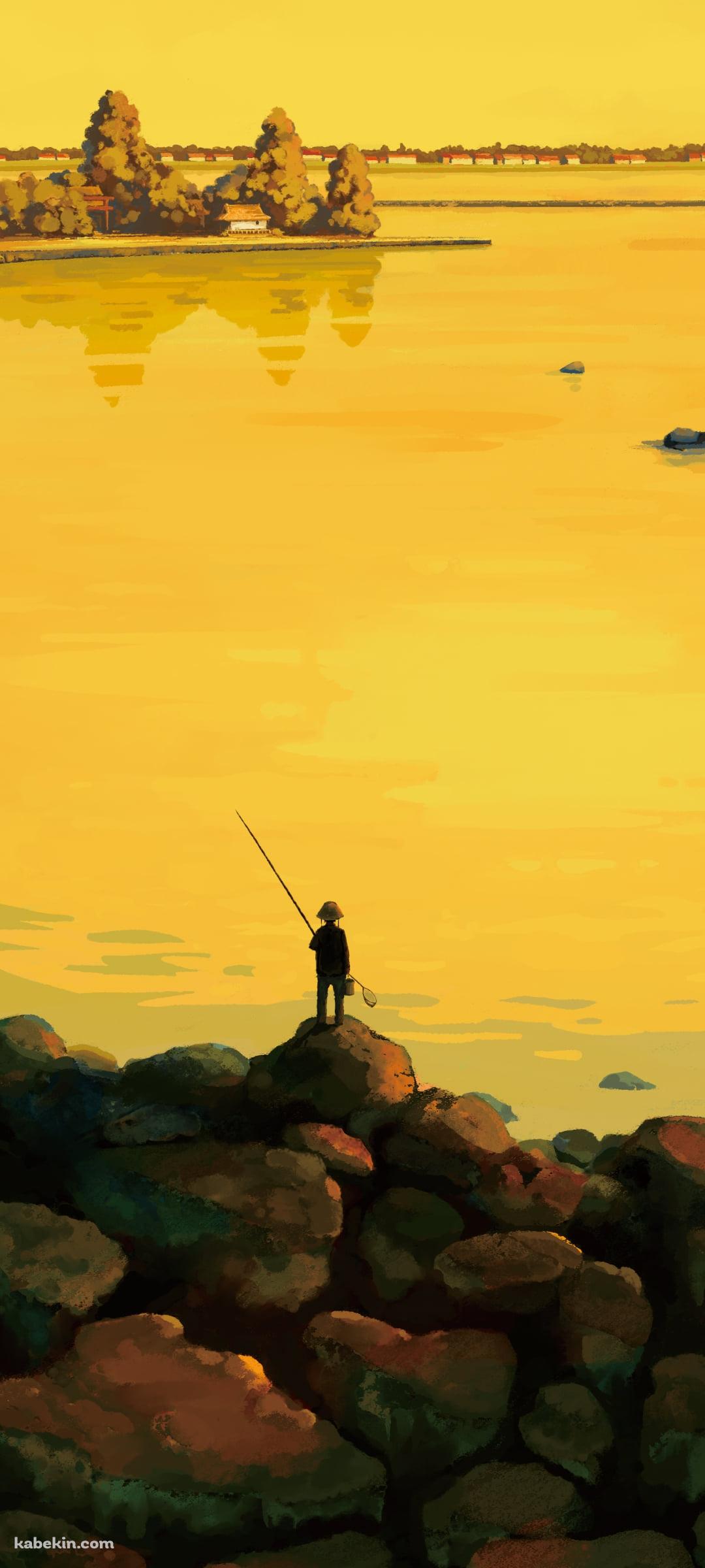 黄色い海で釣りをする釣り人のAndroidの壁紙(1080px x 2400px) スマホ用