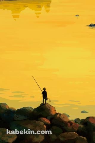 黄色い海で釣りをする釣り人のAndroidの壁紙(320px x 480px) スマホ用