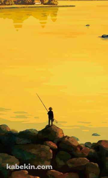 黄色い海で釣りをする釣り人のAndroidの壁紙(360px x 592px) スマホ用
