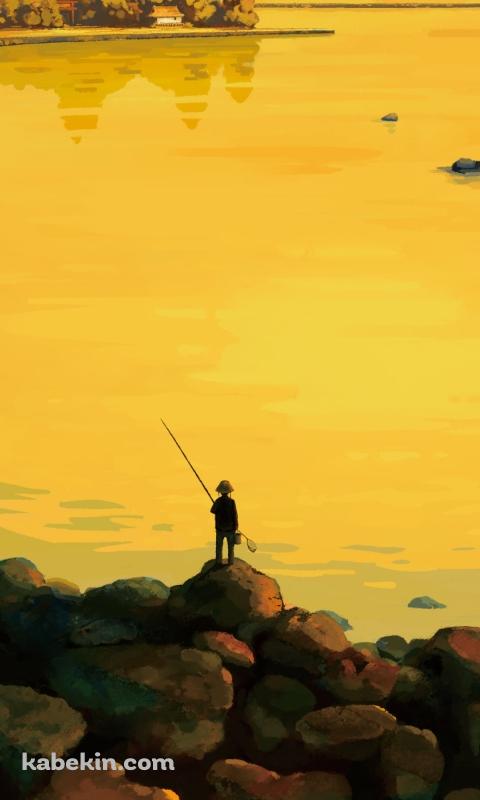 黄色い海で釣りをする釣り人のAndroidの壁紙(480px x 800px) スマホ用