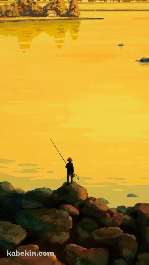黄色い海で釣りをする釣り人のAndroidの壁紙(480px x 854px) スマホ用