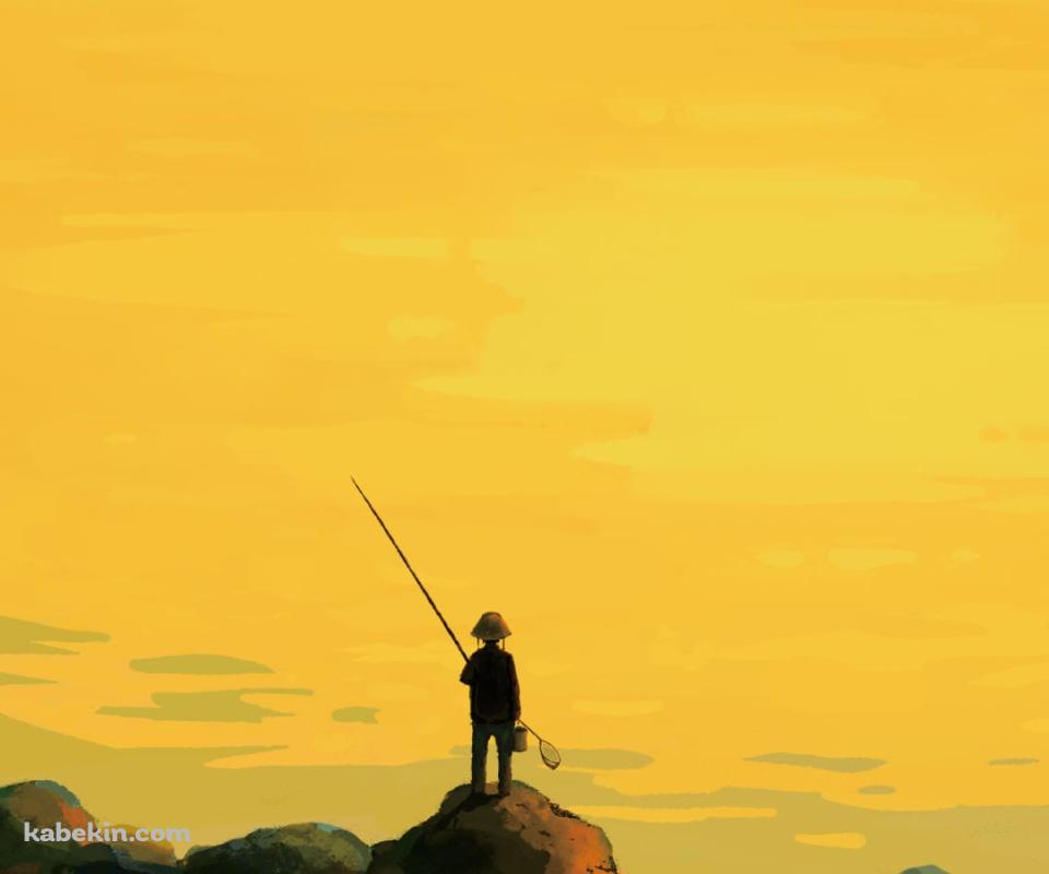 黄色い海で釣りをする釣り人のAndroidの壁紙(960px x 800px) スマホ用