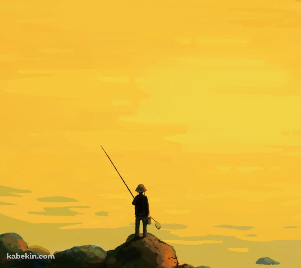 黄色い海で釣りをする釣り人のAndroidの壁紙(960px x 854px) スマホ用