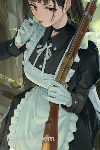 銃を持ちタバコを吸うメイドのAndroidの壁紙(320px x 480px) スマホ用