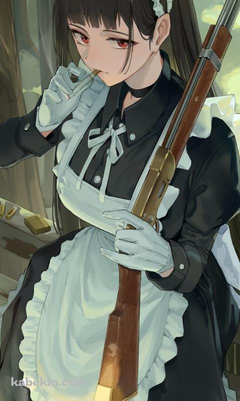銃を持ちタバコを吸うメイドのAndroidの壁紙(480px x 800px) スマホ用