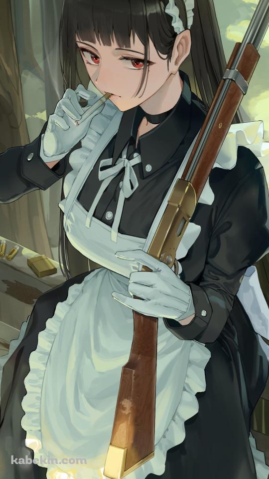 銃を持ちタバコを吸うメイドのAndroidの壁紙(540px x 960px) スマホ用