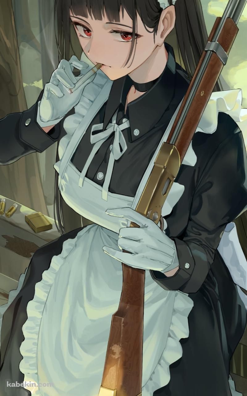 銃を持ちタバコを吸うメイドのAndroidの壁紙(800px x 1280px) スマホ用