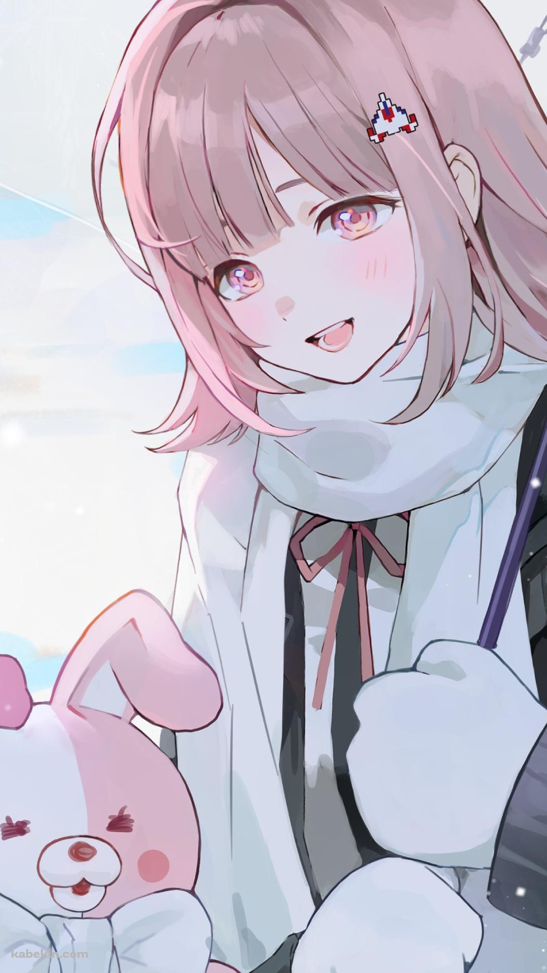 雪の中、ビニール傘をさす七海千秋とモノミ / ダンガンロンパのAndroidの壁紙(1080px x 1920px) スマホ用