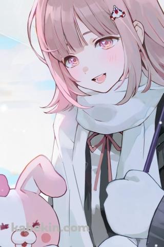 雪の中、ビニール傘をさす七海千秋とモノミ / ダンガンロンパのAndroidの壁紙(320px x 480px) スマホ用