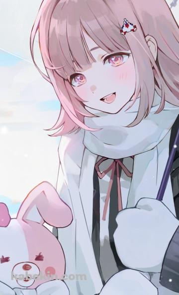 雪の中、ビニール傘をさす七海千秋とモノミ / ダンガンロンパのAndroidの壁紙(360px x 592px) スマホ用