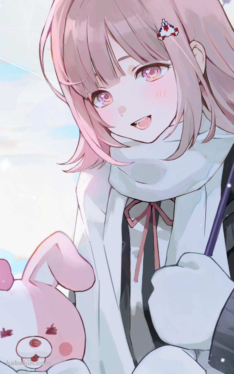 雪の中、ビニール傘をさす七海千秋とモノミ / ダンガンロンパのAndroidの壁紙(800px x 1280px) スマホ用