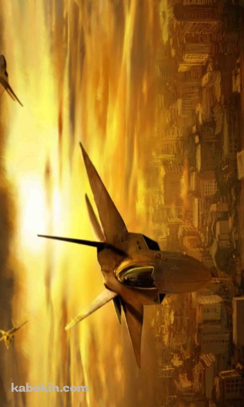 夕暮れの街の上を飛ぶ戦闘機のAndroidの壁紙(480px x 800px) スマホ用