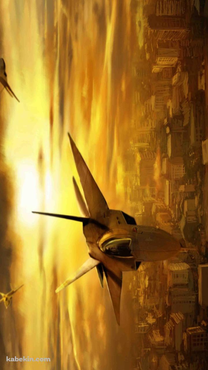 夕暮れの街の上を飛ぶ戦闘機のAndroidの壁紙(720px x 1280px) スマホ用