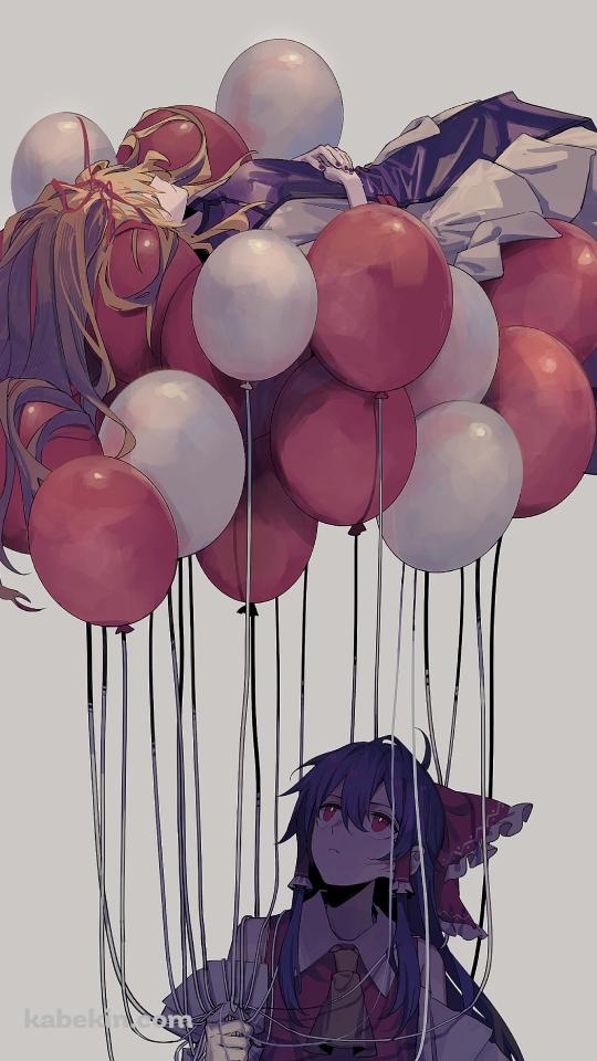 赤・白のバルーンで寝る八雲紫とそれを見上げる博麗霊夢 / 東方のAndroidの壁紙(540px x 960px) スマホ用