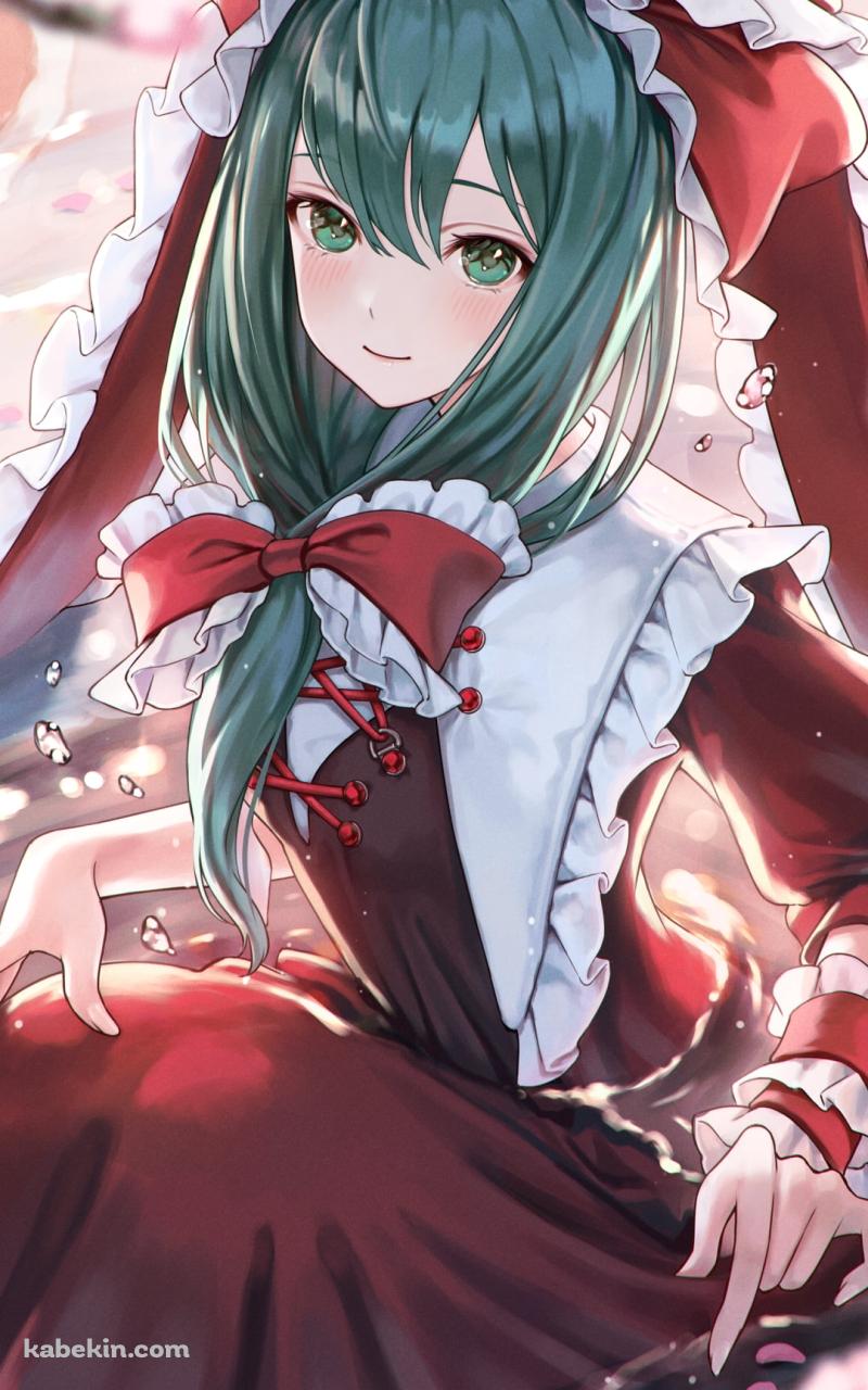 水に浸かった赤い服を着た鍵山雛 / ピンクの花 / 東方のAndroidの壁紙(800px x 1280px) スマホ用