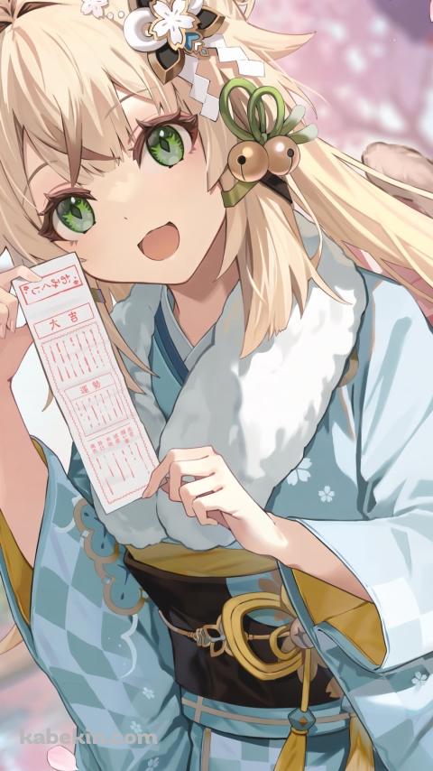 大吉のおみくじを引く笑顔の綺良々 / 原神のAndroidの壁紙(480px x 854px) スマホ用