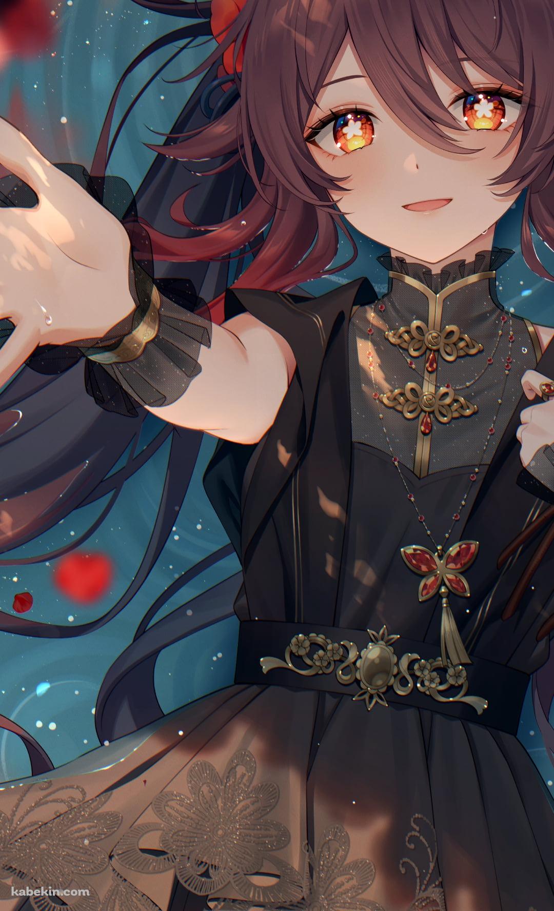 赤・ピンクの花に手を伸ばす胡桃 / 原神のAndroidの壁紙(1080px x 1776px) スマホ用