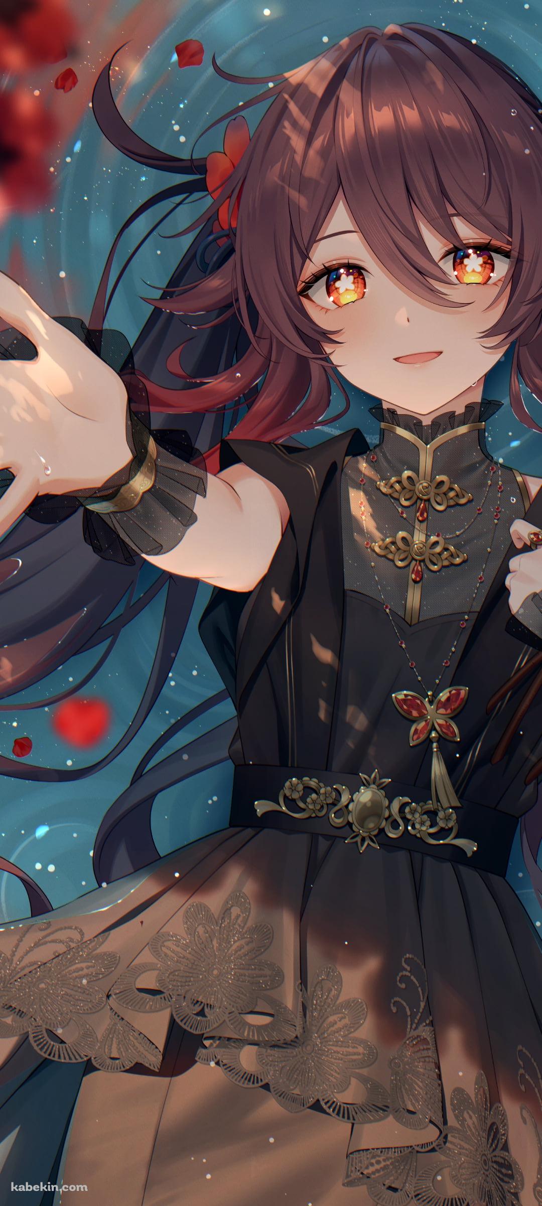 赤・ピンクの花に手を伸ばす胡桃 / 原神のAndroidの壁紙(1080px x 2400px) スマホ用