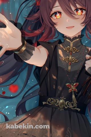 赤・ピンクの花に手を伸ばす胡桃 / 原神のAndroidの壁紙(320px x 480px) スマホ用