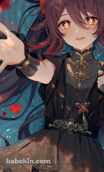 赤・ピンクの花に手を伸ばす胡桃 / 原神のAndroidの壁紙(360px x 592px) スマホ用