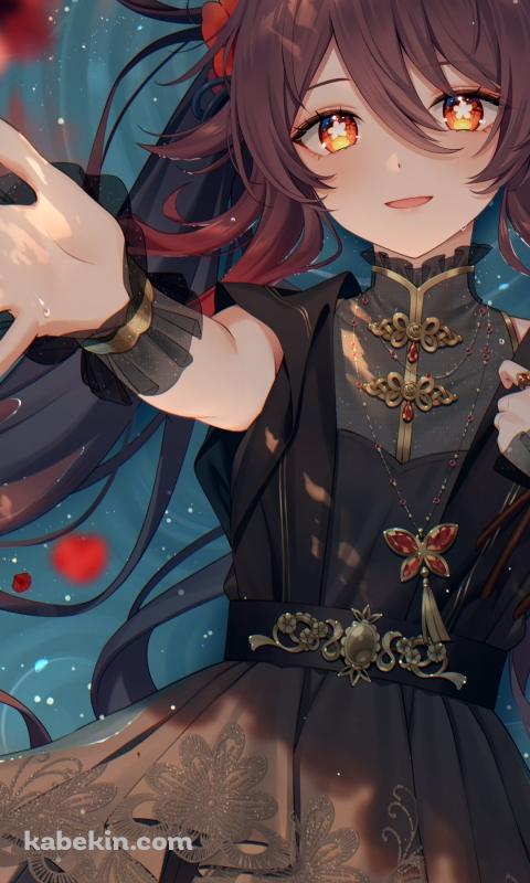 赤・ピンクの花に手を伸ばす胡桃 / 原神のAndroidの壁紙(480px x 800px) スマホ用