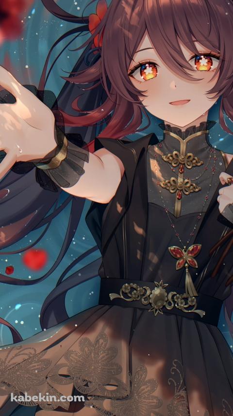 赤・ピンクの花に手を伸ばす胡桃 / 原神のAndroidの壁紙(480px x 854px) スマホ用