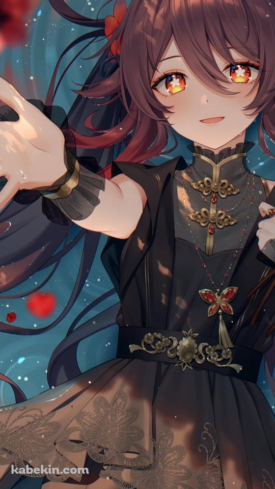 赤・ピンクの花に手を伸ばす胡桃 / 原神のAndroidの壁紙(540px x 960px) スマホ用