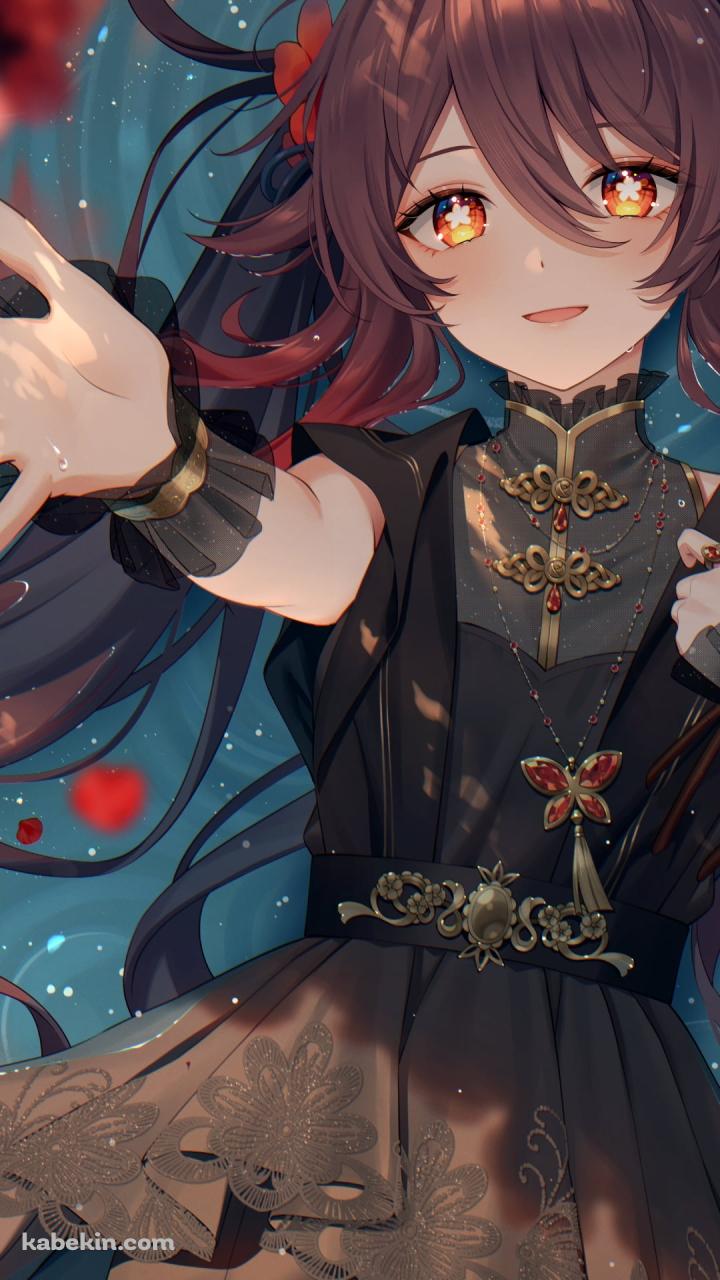 赤・ピンクの花に手を伸ばす胡桃 / 原神のAndroidの壁紙(720px x 1280px) スマホ用