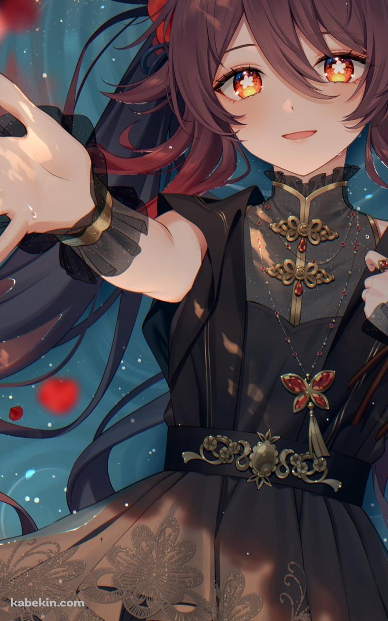 赤・ピンクの花に手を伸ばす胡桃 / 原神のAndroidの壁紙(800px x 1280px) スマホ用