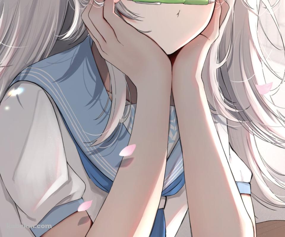 鼻と口の間に緑のシャーペンをはさんで頬杖をつく獅白ぼたん / ほろはにヶ丘高校の日常 / ホロライブ / バーチャルYouTuber / VtuberのAndroidの壁紙(960px x 800px) スマホ用