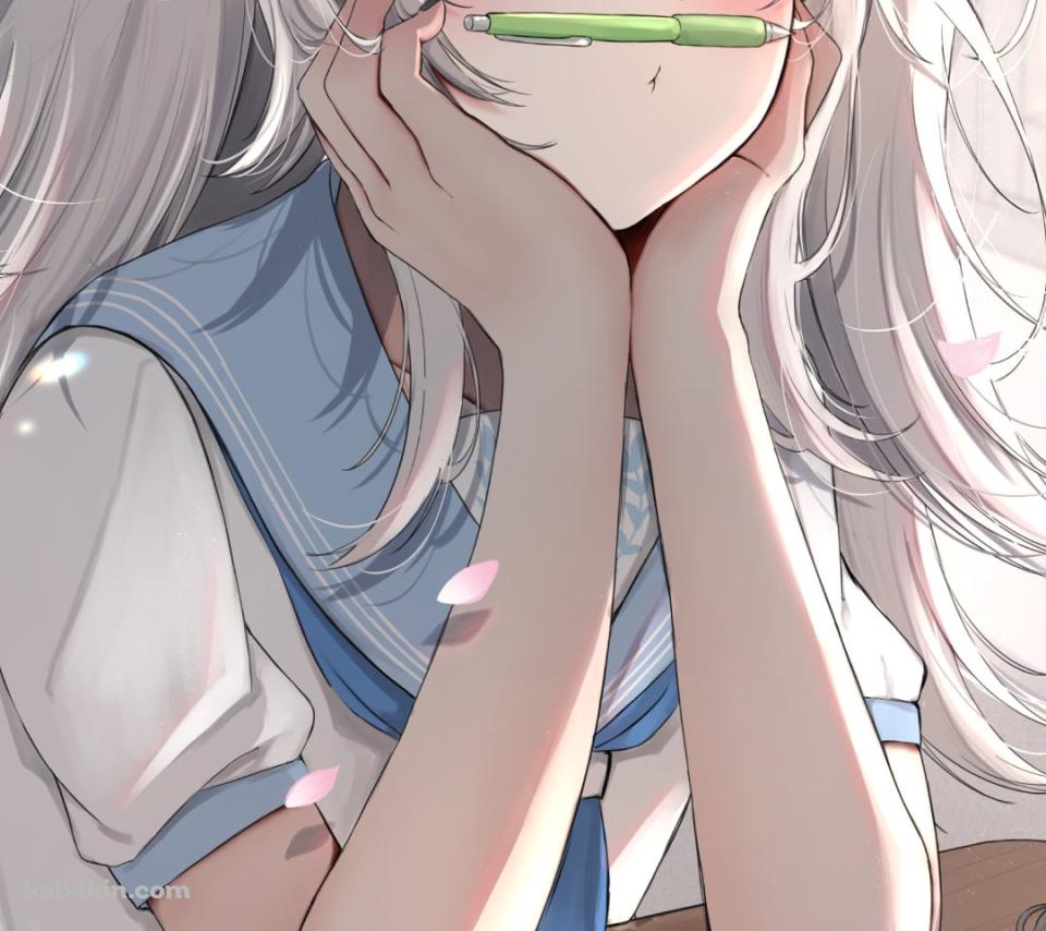 鼻と口の間に緑のシャーペンをはさんで頬杖をつく獅白ぼたん / ほろはにヶ丘高校の日常 / ホロライブ / バーチャルYouTuber / VtuberのAndroidの壁紙(960px x 854px) スマホ用