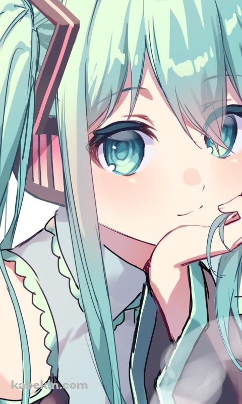 頬杖をつく可愛い初音ミク / ホットコーヒー / ボカロのAndroidの壁紙(480px x 800px) スマホ用