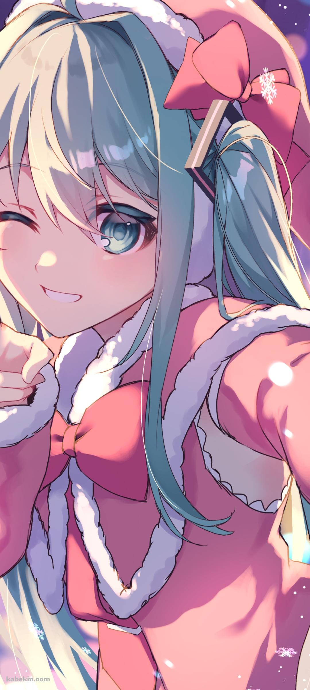 サンタコスでピースをする可愛い初音ミク / ボーカロイドのAndroidの壁紙(1080px x 2400px) スマホ用